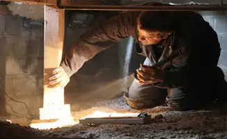 A professional inspecting wooden beams under the floor of a structure in Minneapolis, MN